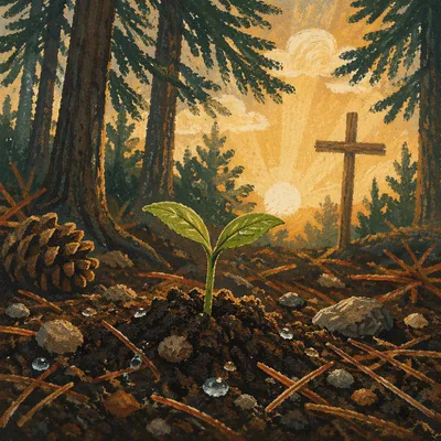 Seedling Sprouting in Evergreen Dawn Light