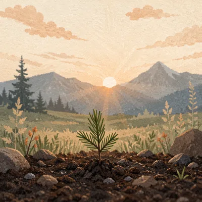 Evergreen Seedling Sprouting in Dawn Soil