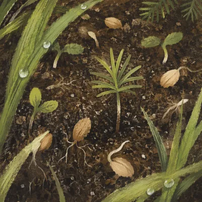 Evergreen Seedlings Sprouting in Morning Soil