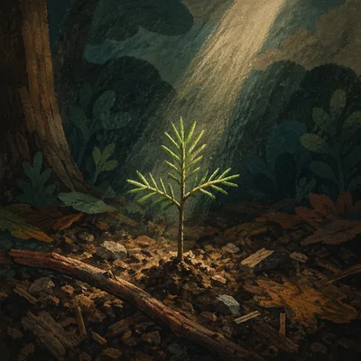Evergreen Seedling Emerging in Sunlit Forest Soil