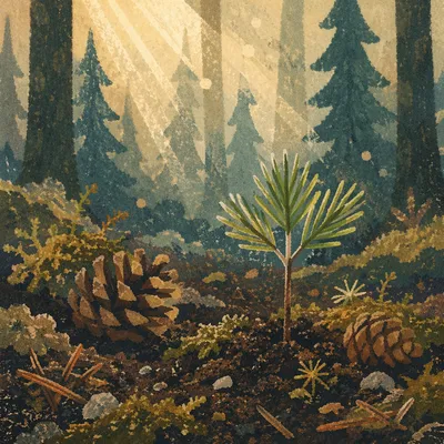 Evergreen Seedling Rising in Morning Forest