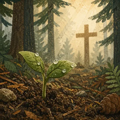 Evergreen Seedling Sprouting Beside Distant Cross