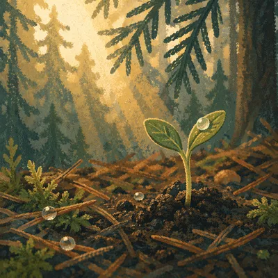 Evergreen Seedling Sprouting in Morning Light