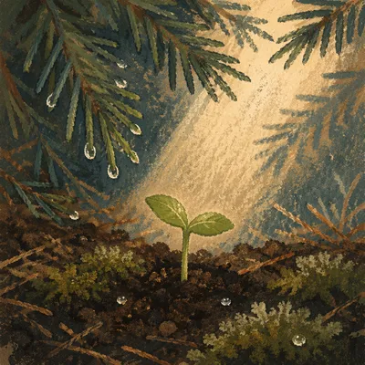 Evergreen Seedling Sprouting in Morning Light