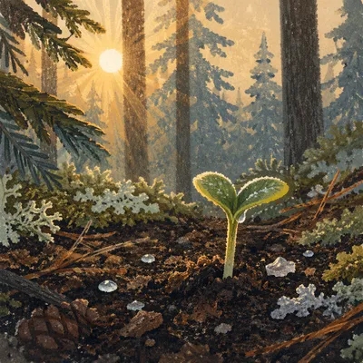 Hopeful Seedling Emerging in Evergreen Forest