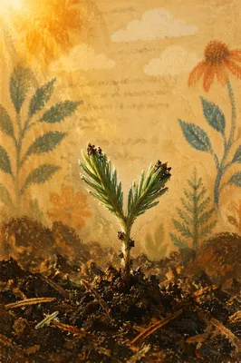 Evergreen Seedling Emerging in Morning Soil