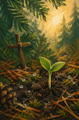 Evergreen Seedling Sprouting Beside Quiet Cross