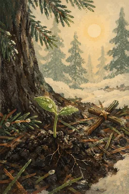 Seedling Sprouting Beneath Evergreen Cross