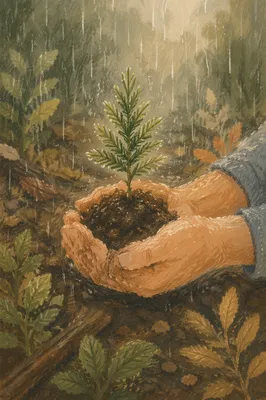 Evergreen Seedling Sprouting in Caring Hands