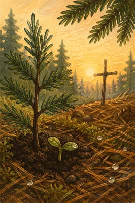 Evergreen Seedling Sprouting in Dawn Forest