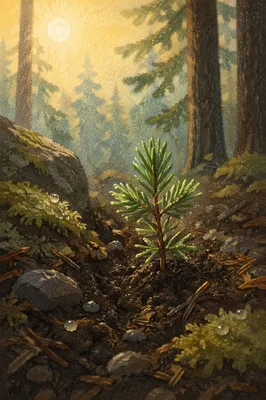 Evergreen Seedling Sprouting in Morning Light