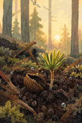 Evergreen Seedling Sprouting in Morning Soil