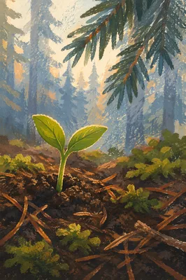Seedling Emerging in Evergreen Forest Soil