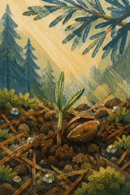 Evergreen Seedling Rising Through Forest Soil
