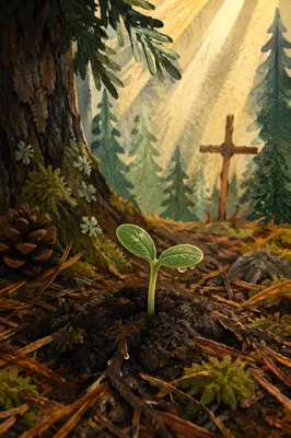 Forest Seedling Sprout with Quiet Wooden Cross