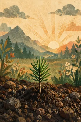 Evergreen Seedling Emerging in Dawn Soil
