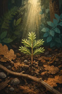 Evergreen Seedling Emerging in Sunlit Forest Soil