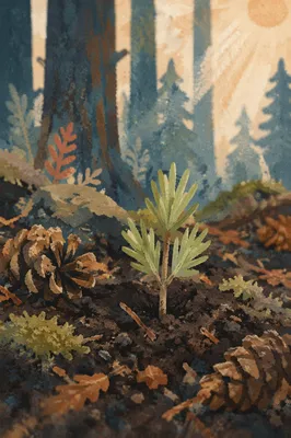 Evergreen Seedling Sprouting in Morning Forest