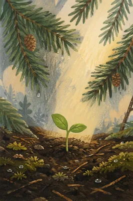 Evergreen Seedling Rising in Morning Light