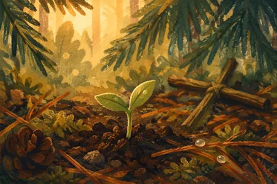 Evergreen Seedling Sprouting in Morning Light