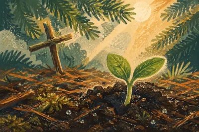 Evergreen Seedling Sprouting Beside Rustic Cross