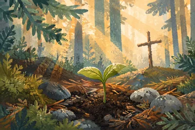 Evergreen Seedling Sprout with Subtle Cross