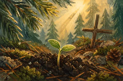 Tiny Sprout in Evergreen Forest Soil
