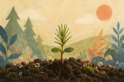 Evergreen Seedling Sprouting in Morning Soil