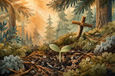 Seedling Sprouting in Evergreen Forest Dawn