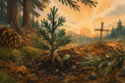 Evergreen Seedling Rising in Dawn Light