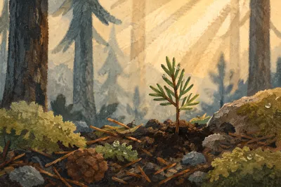 Evergreen Seedling Emerging in Forest Soil