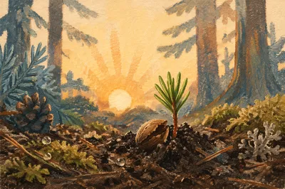 Evergreen Seedling Emerging from Forest Soil
