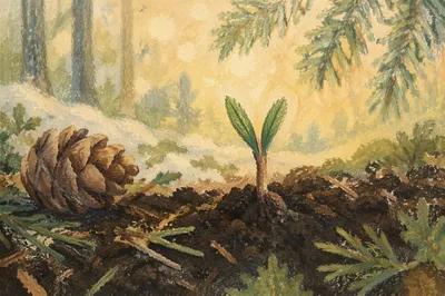 Evergreen Seedling Emerging in Forest Soil