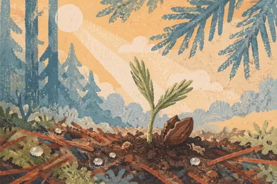 Evergreen Seedling Emerging in Morning Soil