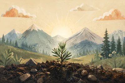 Evergreen Seedling Emerging in Dawn Soil