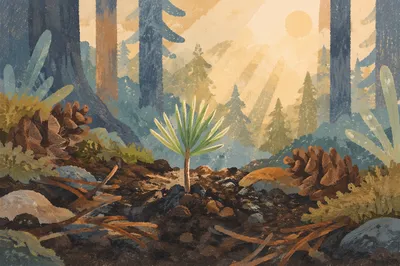 Evergreen Seedling Emerging in Morning Forest