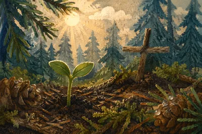 Seedling Sprouting Beside Woodland Cross