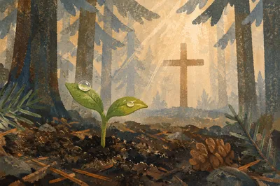 Seedling Sprouting in Evergreen Forest Light
