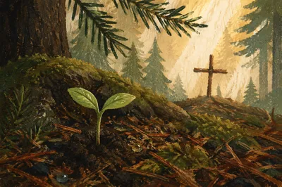 New Life Sprout on Evergreen Forest Floor
