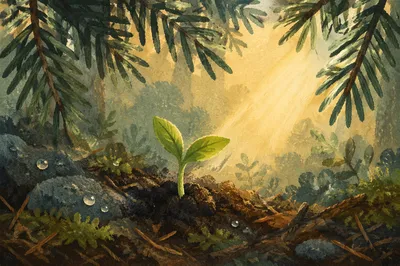 Evergreen Seedling Sprouting in Morning Light