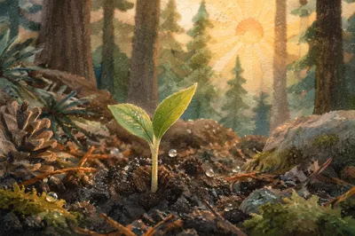 New Life Seedling on Evergreen Forest Floor
