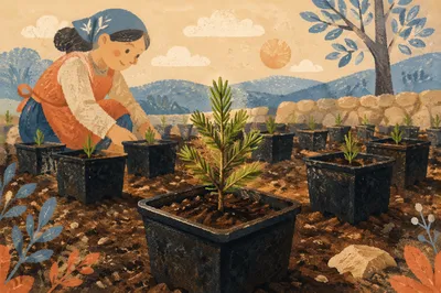 Evergreen Seedling Sprouting in Morning Soil