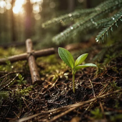 Evergreen Seedling Sprouting in Morning Light