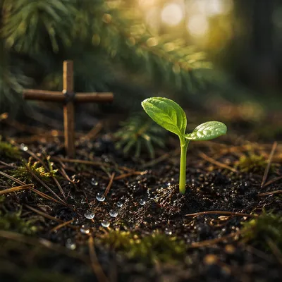 Hopeful Seedling Beside Forest Twig Cross