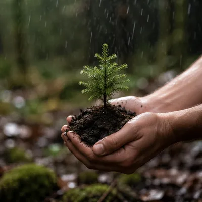 Evergreen Seedling Sprouting in Caring Hands