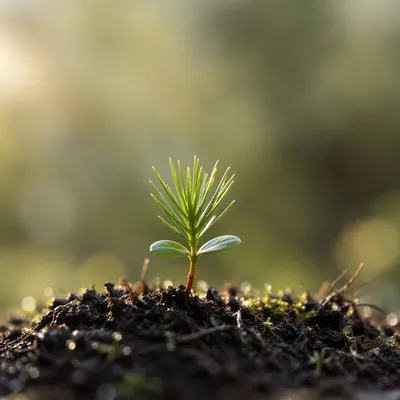 Evergreen Seedling Sprouting in Morning Soil