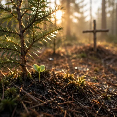 Seedling Sprouting Beneath Evergreen Dawn Cross