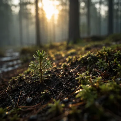 Evergreen Seedling Emerging in Morning Light
