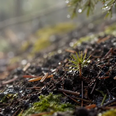 Evergreen Seedling Emerging in Morning Light