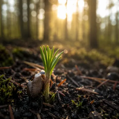 Evergreen Seedling Sprouting in Morning Soil